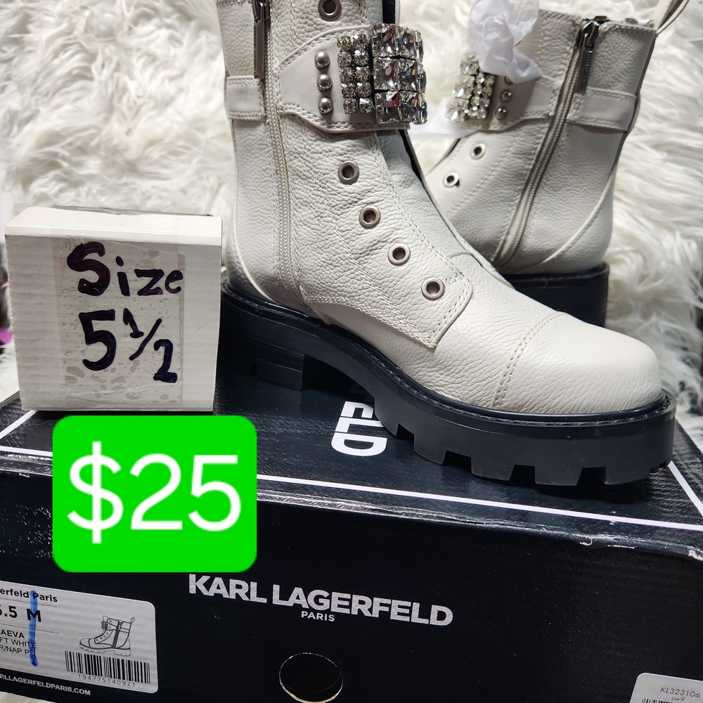 Karl Lagerfeld Ivory Boots with Studded Strap
